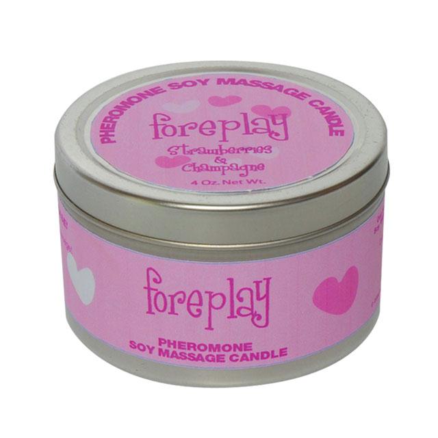 Pheromone Soy Massage Candle, Foreplay, Strawberry & Champagne, 4 Oz Net Wt., Tin