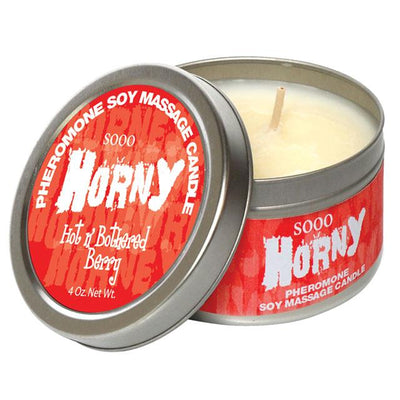 Pheromone Soy Massage Candle, Sooo Horny, Hot n Bothered Berry, 4 Oz Net Wt., Tin