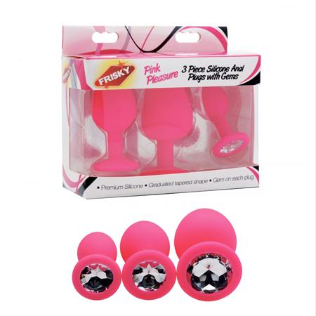 Frisky Pink Pleasure 3 Pc Silicone Anal Plugs W- Gems