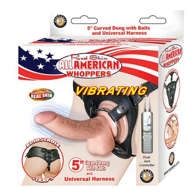 All American Whoppers Vibrating 5in Curved Dong W-Balls&Universal Harness Flesh