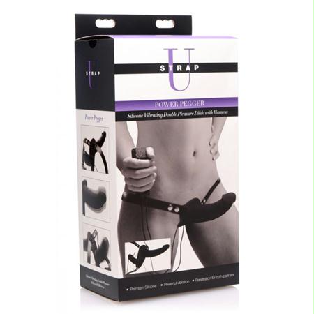 Strap U Supreme Pleasure Silicone Vibrating Double Ended Dildo W- Harness, Black