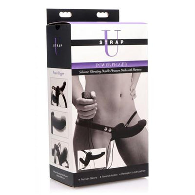 Strap U Supreme Pleasure Silicone Vibrating Double Ended Dildo W- Harness, Black