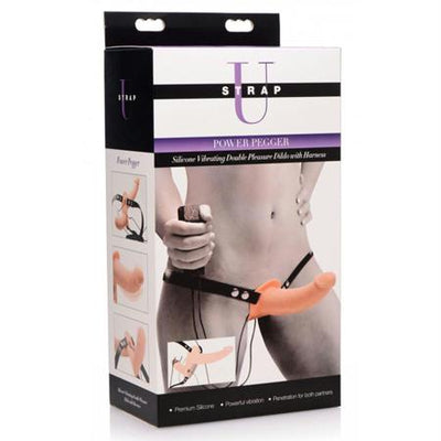 Strap U Supreme Pleasure Silicone Vibrating Double Ended Dildo W- Harness, Flesh