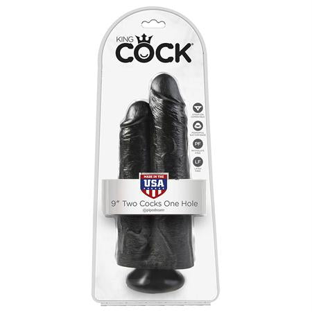King Cock 9in Two Cocks One Hole Black