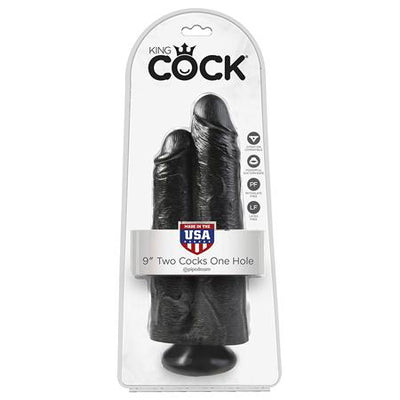 King Cock 9in Two Cocks One Hole Black