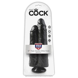 King Cock 9in Two Cocks One Hole Black