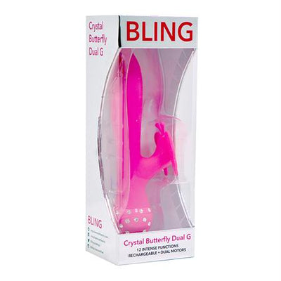 Bling Crystal Butterfly Dual G Vibe 12 Function USB Magnetic Rechargeable Silicone Waterproof Pink